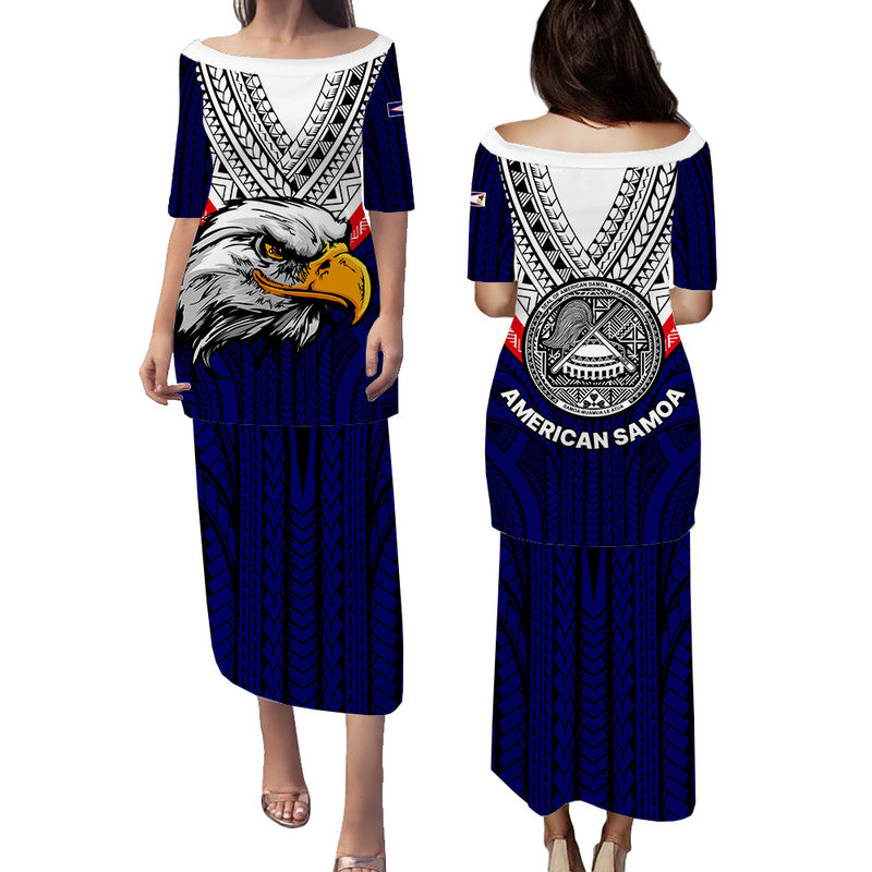 American Samoa Puletasi Dress Bald Eagle with Polynesian Pattern LT9 Long Dress Blue - Polynesian Pride