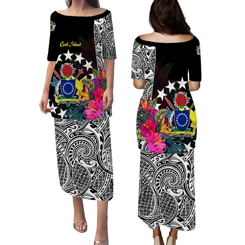 Cook Island Puletasi Dress Tribal Polynesian and Tropical Flowers LT9 Long Dress Green - Polynesian Pride