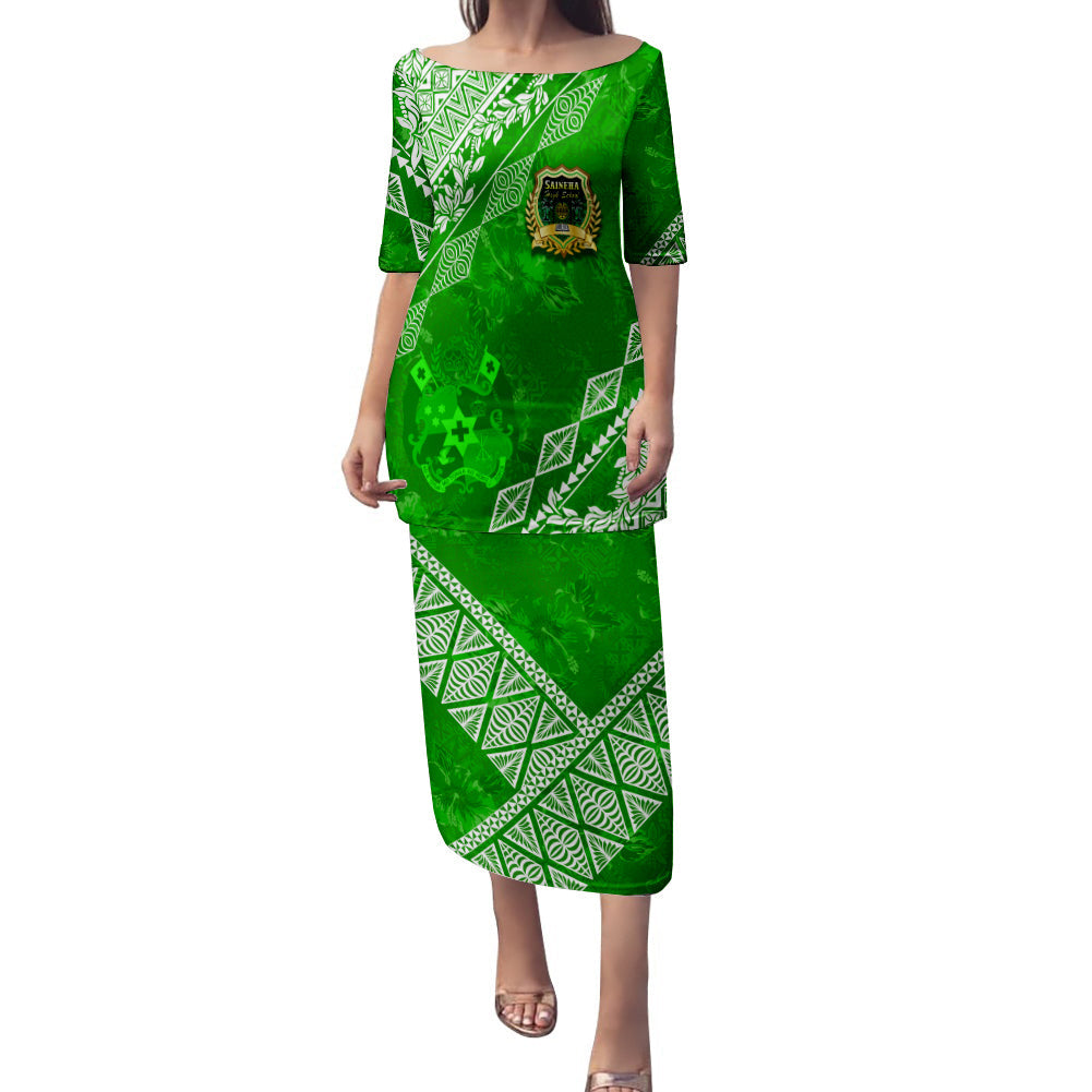 Saineha High School Tonga Puletasi Dress Kupesi Style - Ver01 LT7 Long Dress Green - Polynesian Pride