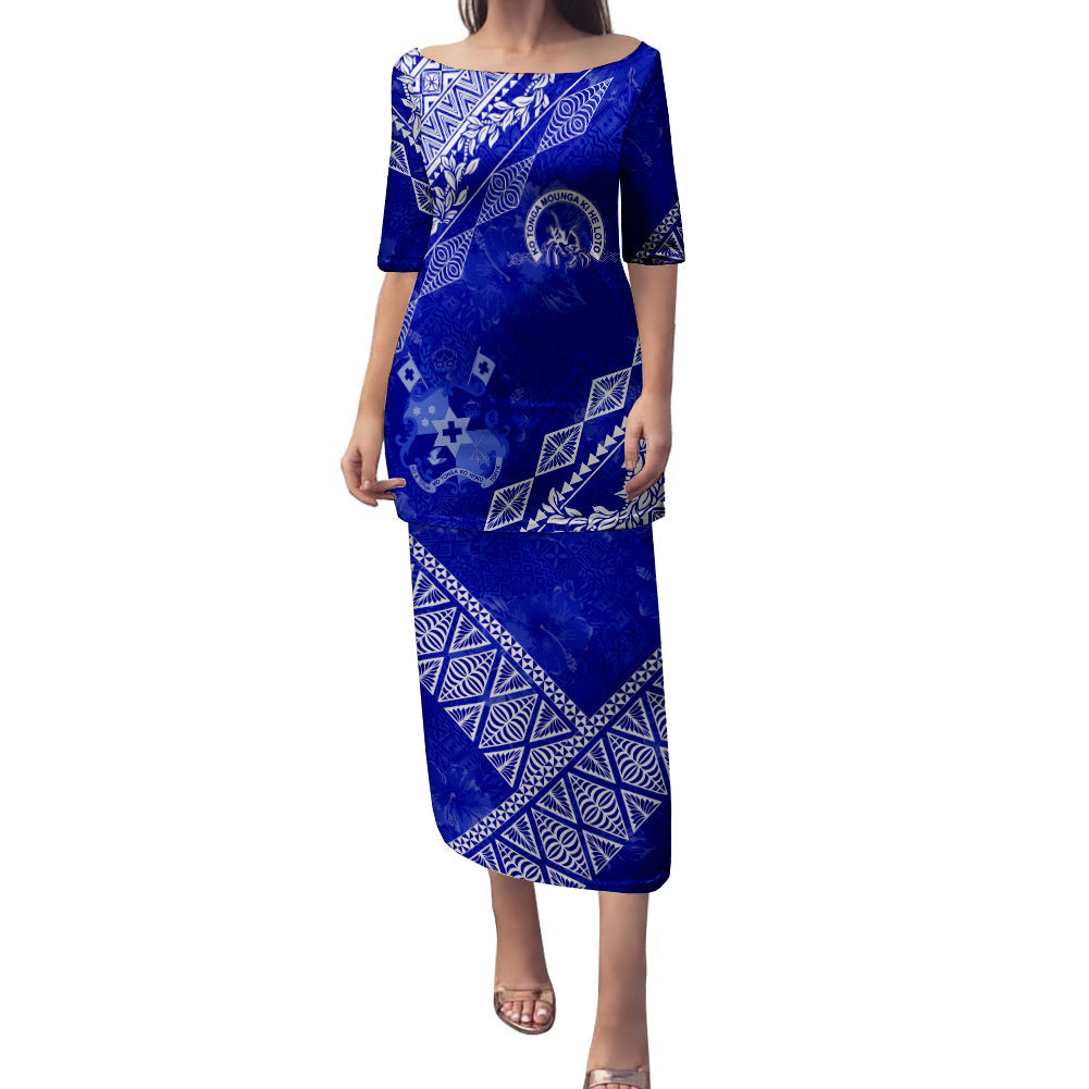 Queen Salote College Tonga Puletasi Dress Kupesi Style - Ver01 LT7 Long Dress Blue - Polynesian Pride