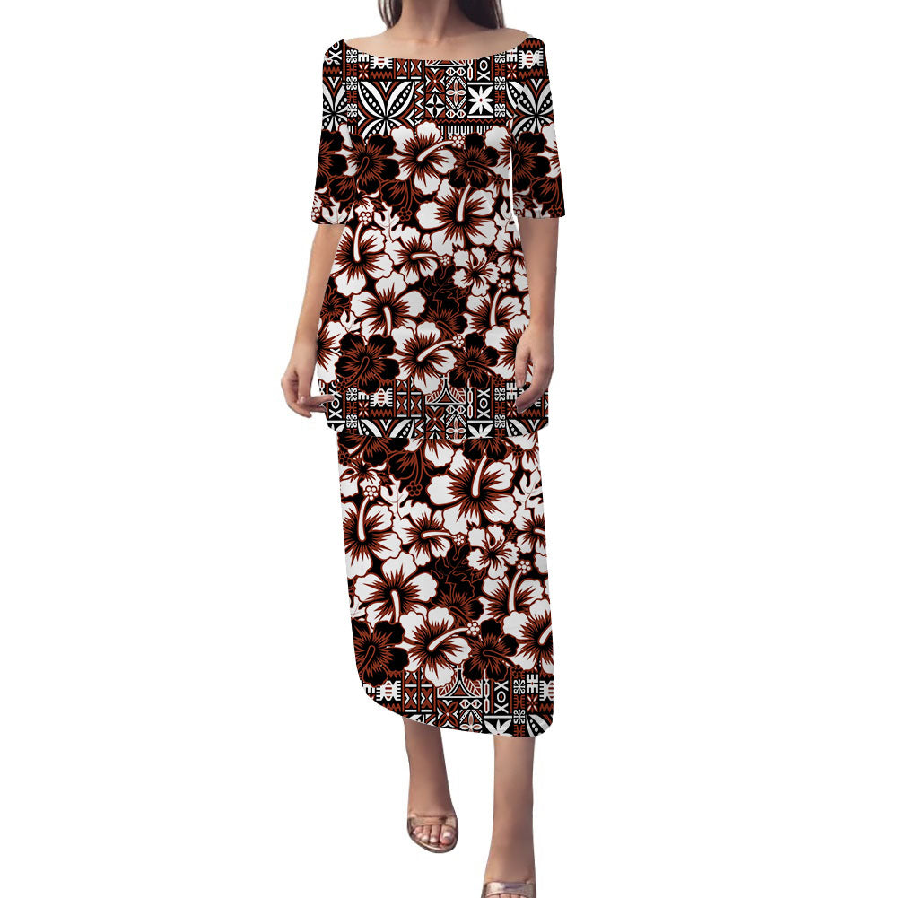 Fiji Hibiscus Festival Puletasi Dress LT6 Women Brown - Polynesian Pride