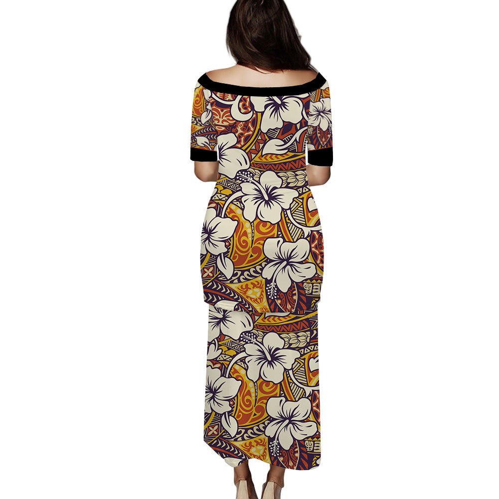 Polynesian Puletasi Dress Tropical Hibiscus Flower With Tapa Pattern Ver.01 LT14 - Polynesian Pride