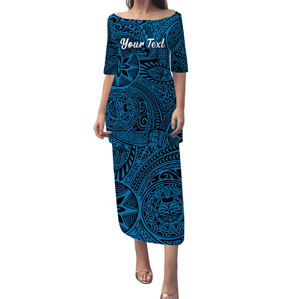 (Custom Personalised) Polynesian Puletasi Dress Tapa Tribal Tattoo Vintage Ver.07 LT14 Blue - Polynesian Pride