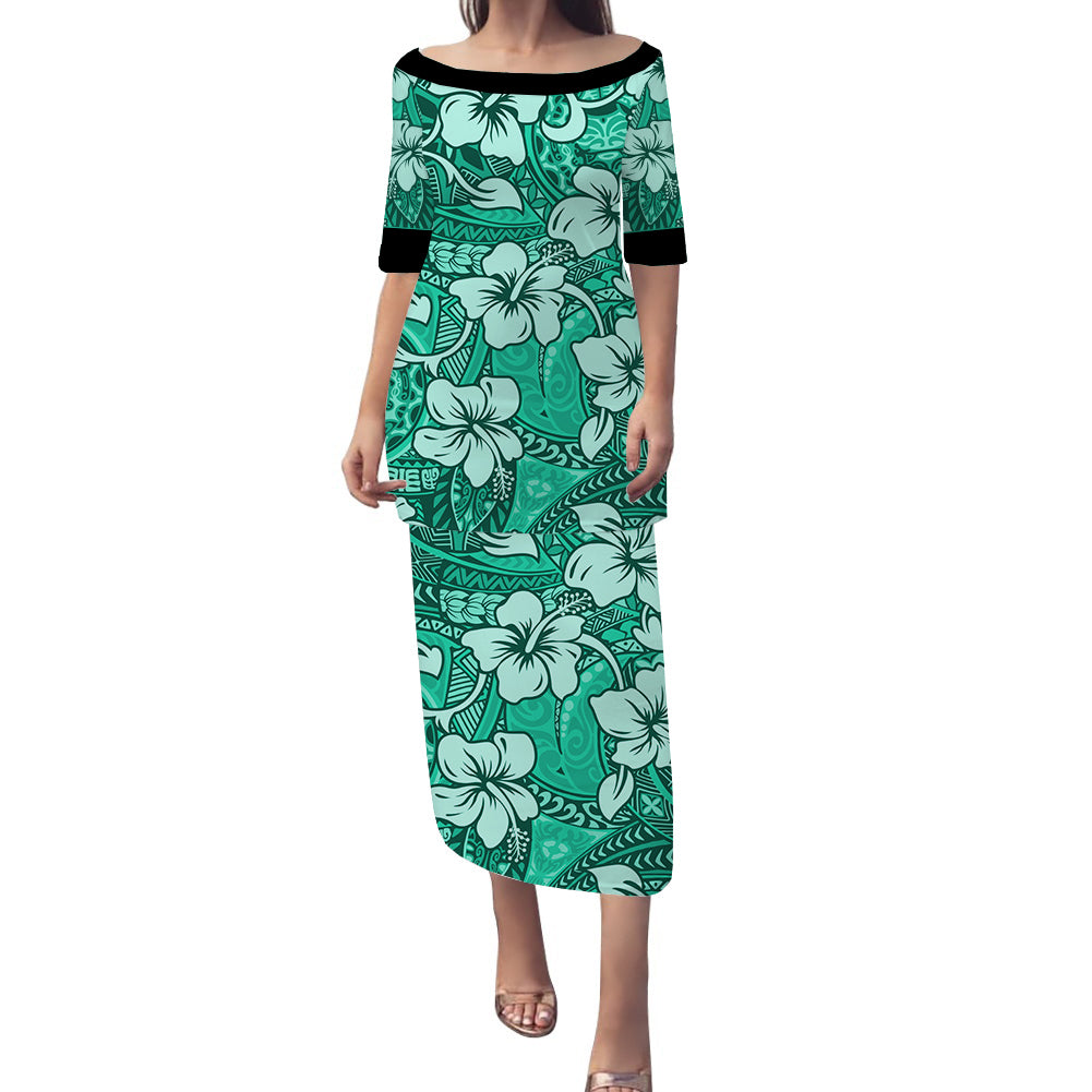 Polynesian Puletasi Dress Tropical Hibiscus Flower With Tapa Pattern Ver.02 LT14 Turquoise - Polynesian Pride