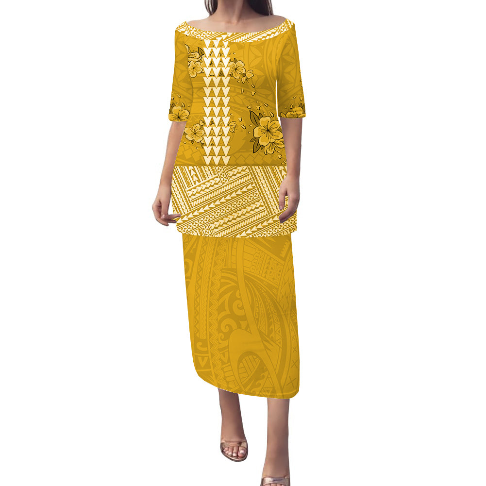 Polynesian Puletasi Dress Tropical Flower Mix Polynesian Pattern Ver.04 LT14 Yellow - Polynesian Pride