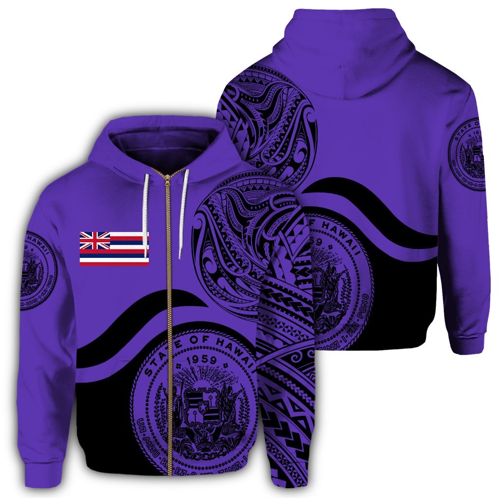 Hawaii Coat of Arms Zip Hoodie Waveshape Style Purple Unisex Art - Polynesian Pride