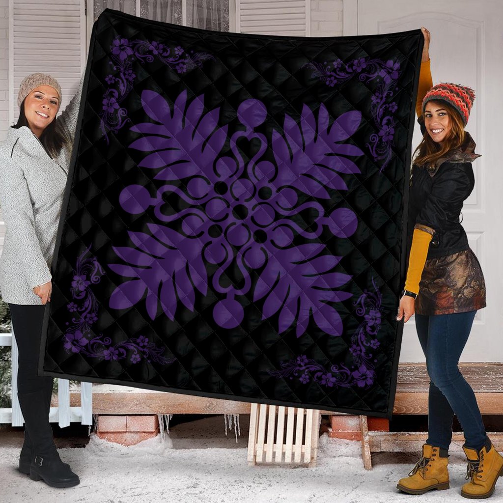 Hawaiian Quilt Maui Plant And Hibiscus Premium Quilt - Purple Black - AH - Polynesian Pride