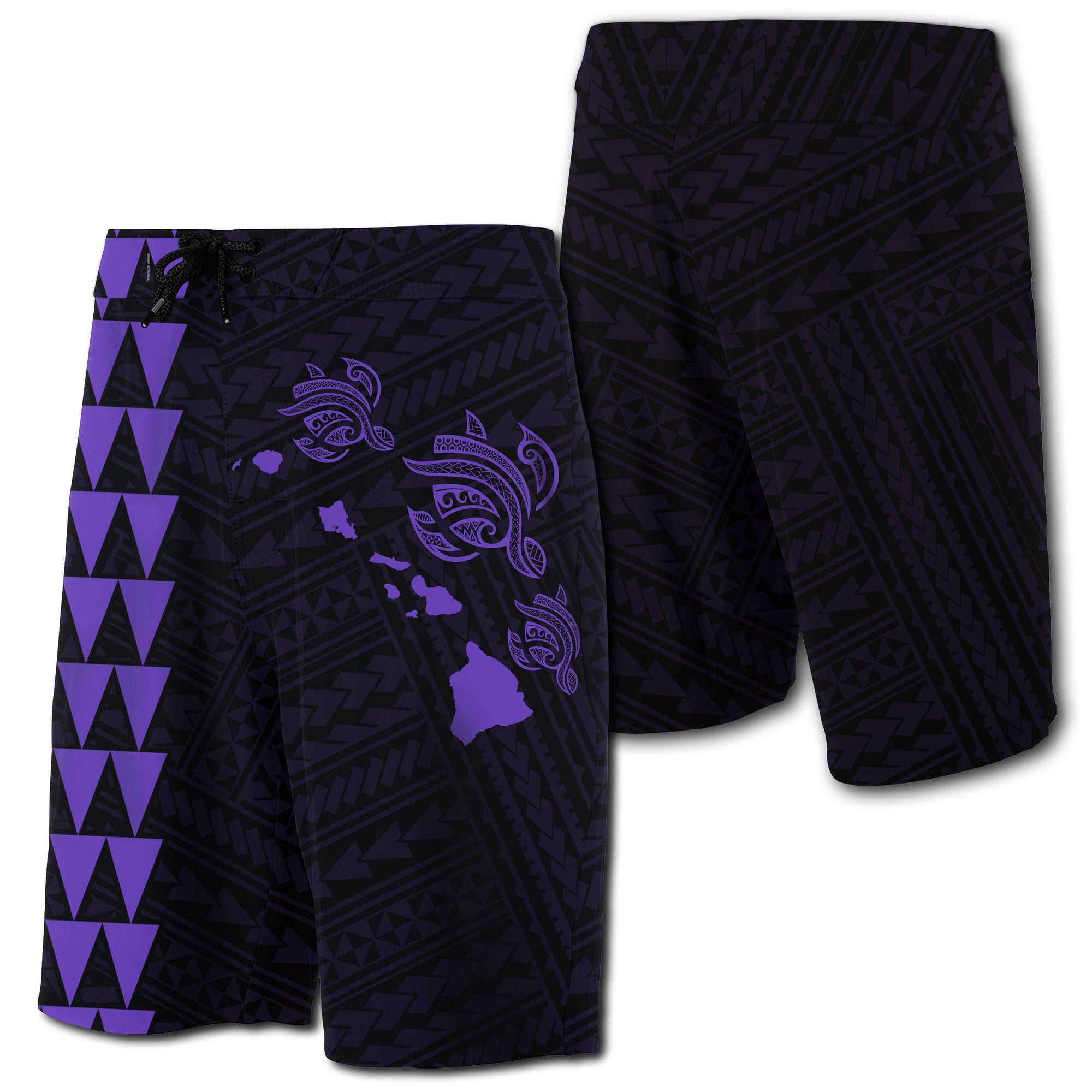 Hawaii Kakau Polynesian Three Turtles Map Board Shorts - Purple Men Purple - Polynesian Pride