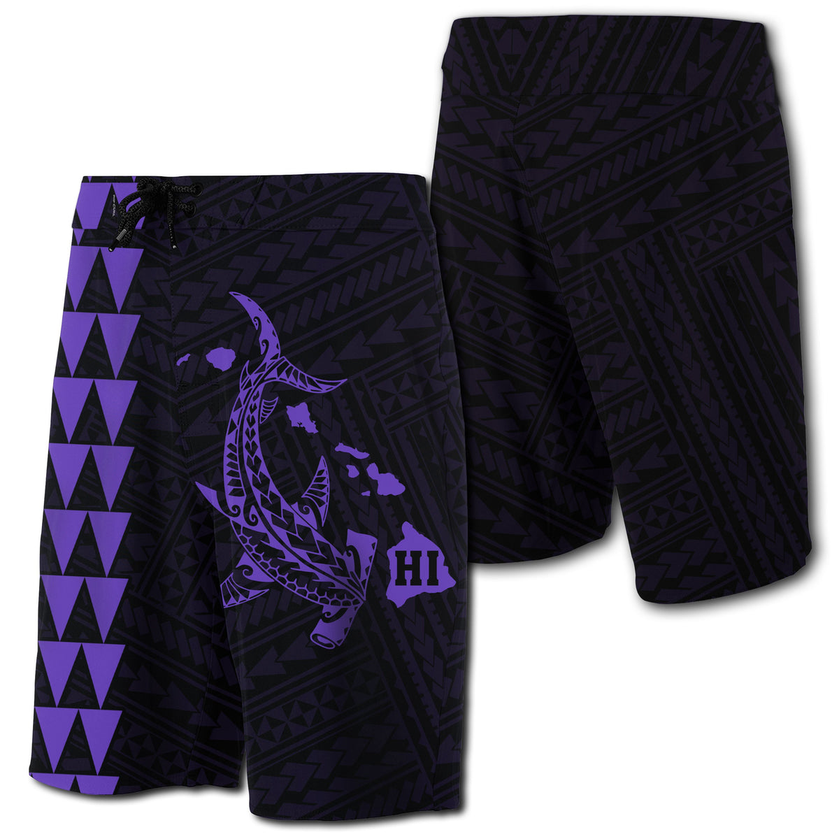 Hawaii Kakau Polynesian Hammerhead Shark Map Board Shorts - Purple Men Purple - Polynesian Pride