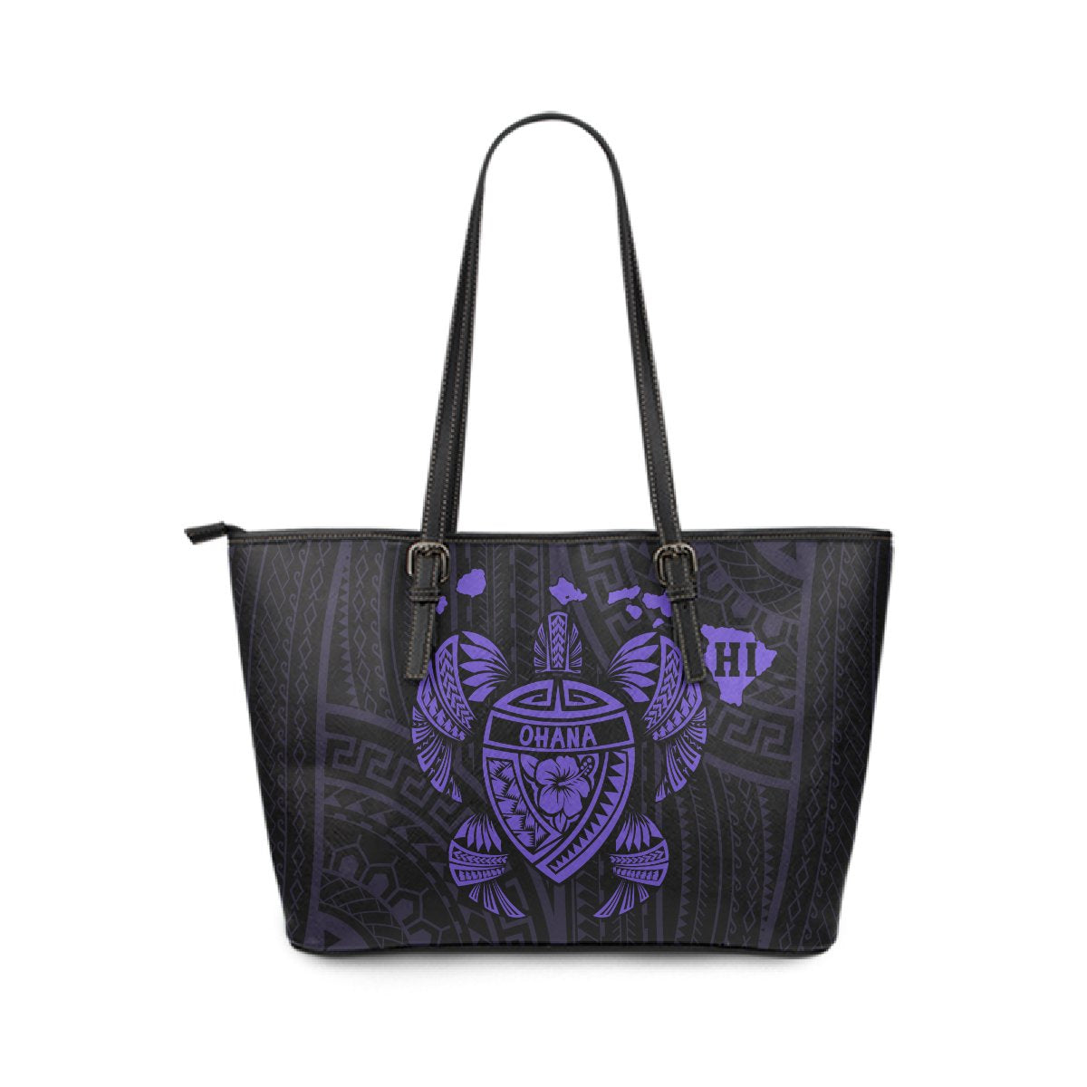 Hawaii Kakau Polynesian Ohana Turtle Map Small Leather Tote - Purple Purple - Polynesian Pride