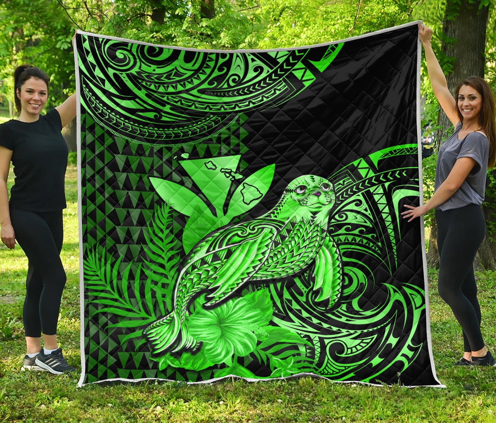 Hawaii Monk Seal Premium Quilt Kakau With Kanaka Green LT14 Green - Polynesian Pride