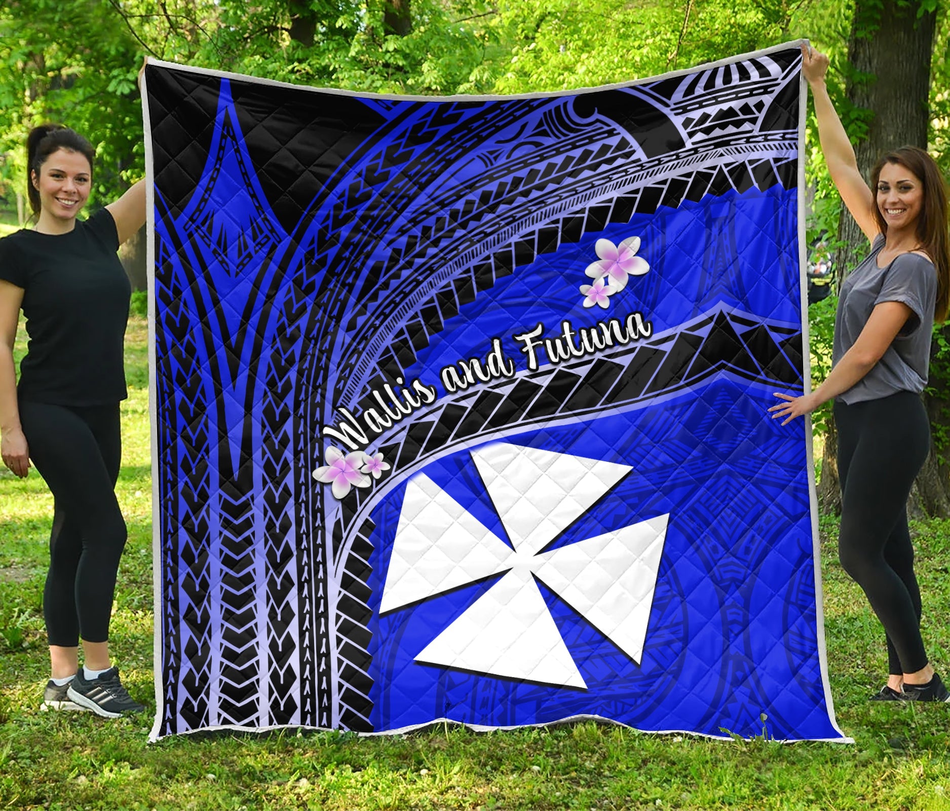 Wallis And Futuna Premium Quilt Plumeria Flowers With Blue Polynesian Pattern LT14 Blue - Polynesian Pride