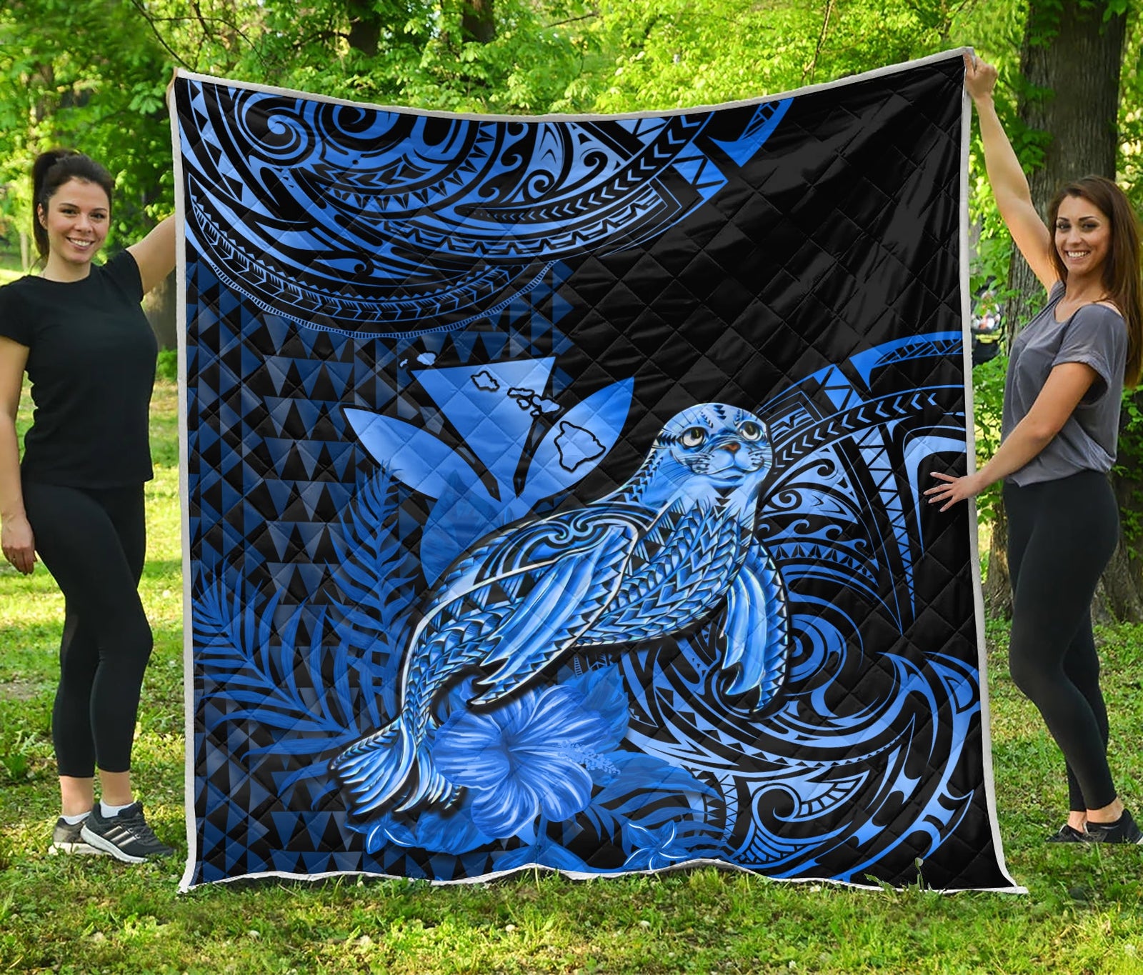 Hawaii Monk Seal Premium Quilt Kakau With Kanaka Blue LT14 Blue - Polynesian Pride