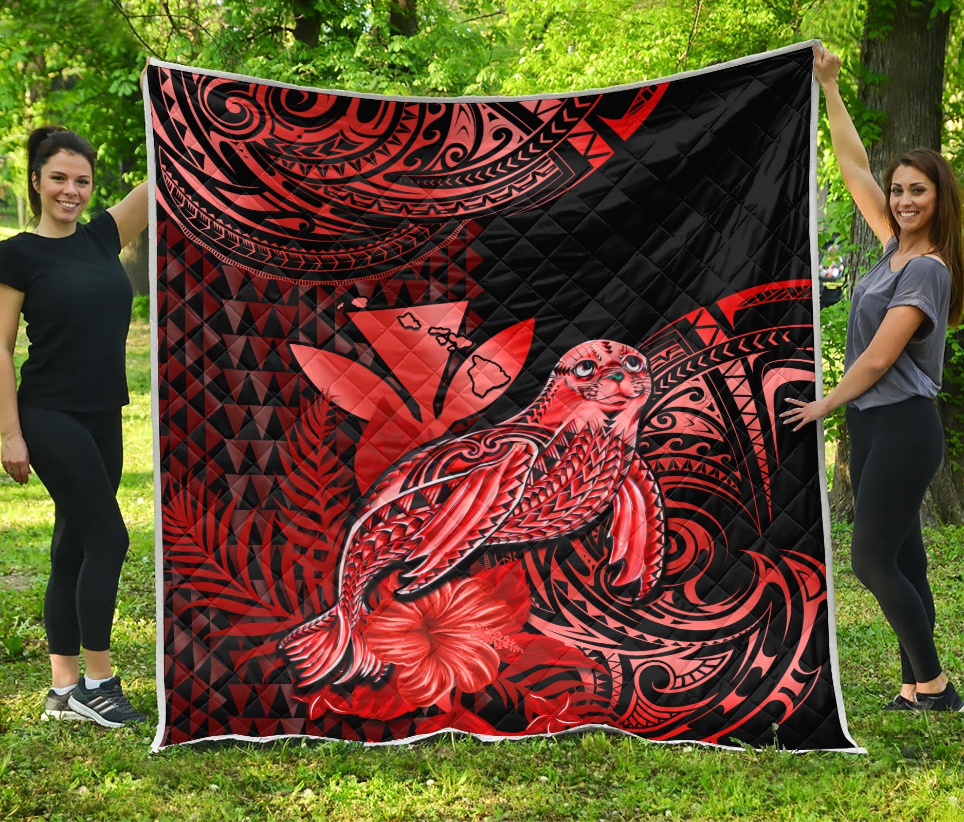 Hawaii Monk Seal Premium Quilt Kakau With Kanaka Red LT14 Red - Polynesian Pride