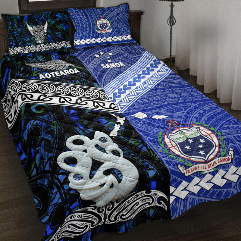 New Zealand And Samoa Quilt Bed Set Together - Blue LT8 Blue - Polynesian Pride