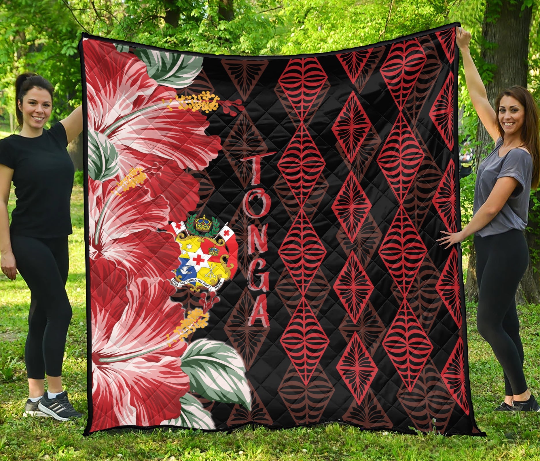 Tonga Premium Quilt Diamond Style Mix Hibiscus - Black LT7 Black - Polynesian Pride