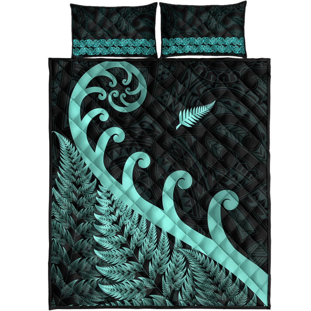 New Zealand Rugby Maori Quilt Bed Set Silver Fern Koru Vibes - Turquoise LT8 - Polynesian Pride