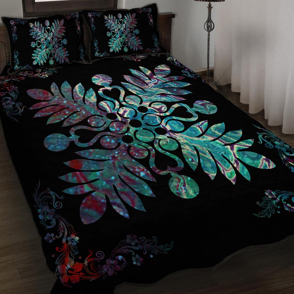 Hawaiian Quilt Maui Plant And Hibiscus Pattern Quilt Bed Set - Shell Black - AH - Polynesian Pride