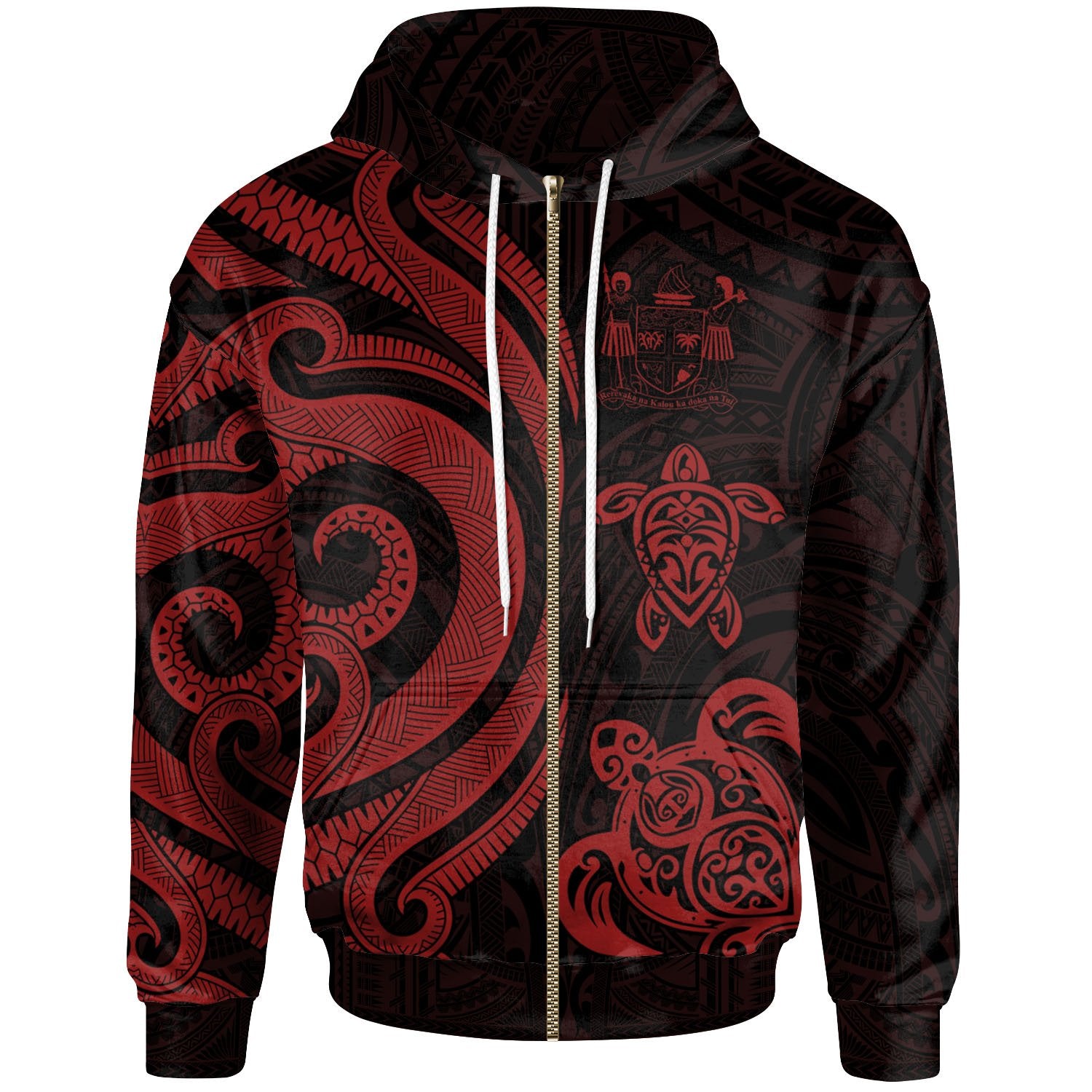 Fiji Polynesian Zip up Hoodie Red Tentacle Turtle Crest Unisex Red - Polynesian Pride