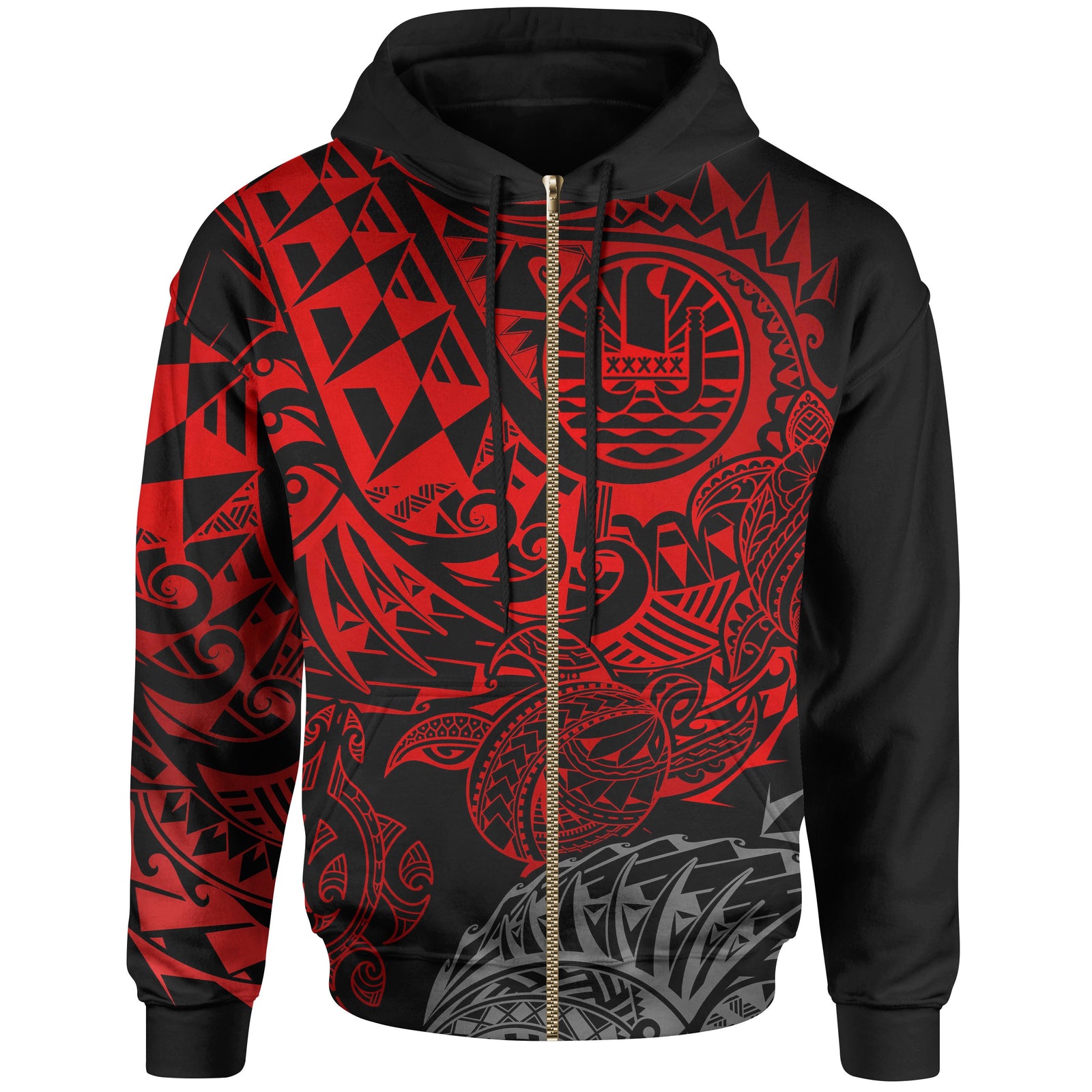 Tahiti Polynesian Zip up Hoodie Red Turtle Hibiscus Flowing Unisex RED - Polynesian Pride