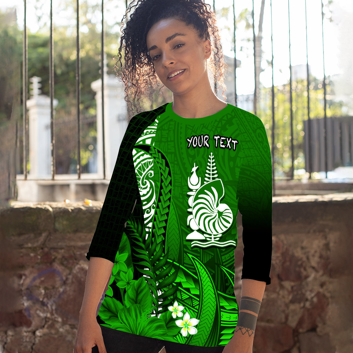 (Custom Personalised) New Caledonia Raglan 3/4 Sleeve T Shirt Nautilus Green Polynesian Hibiscus LT13 Green - Polynesian Pride
