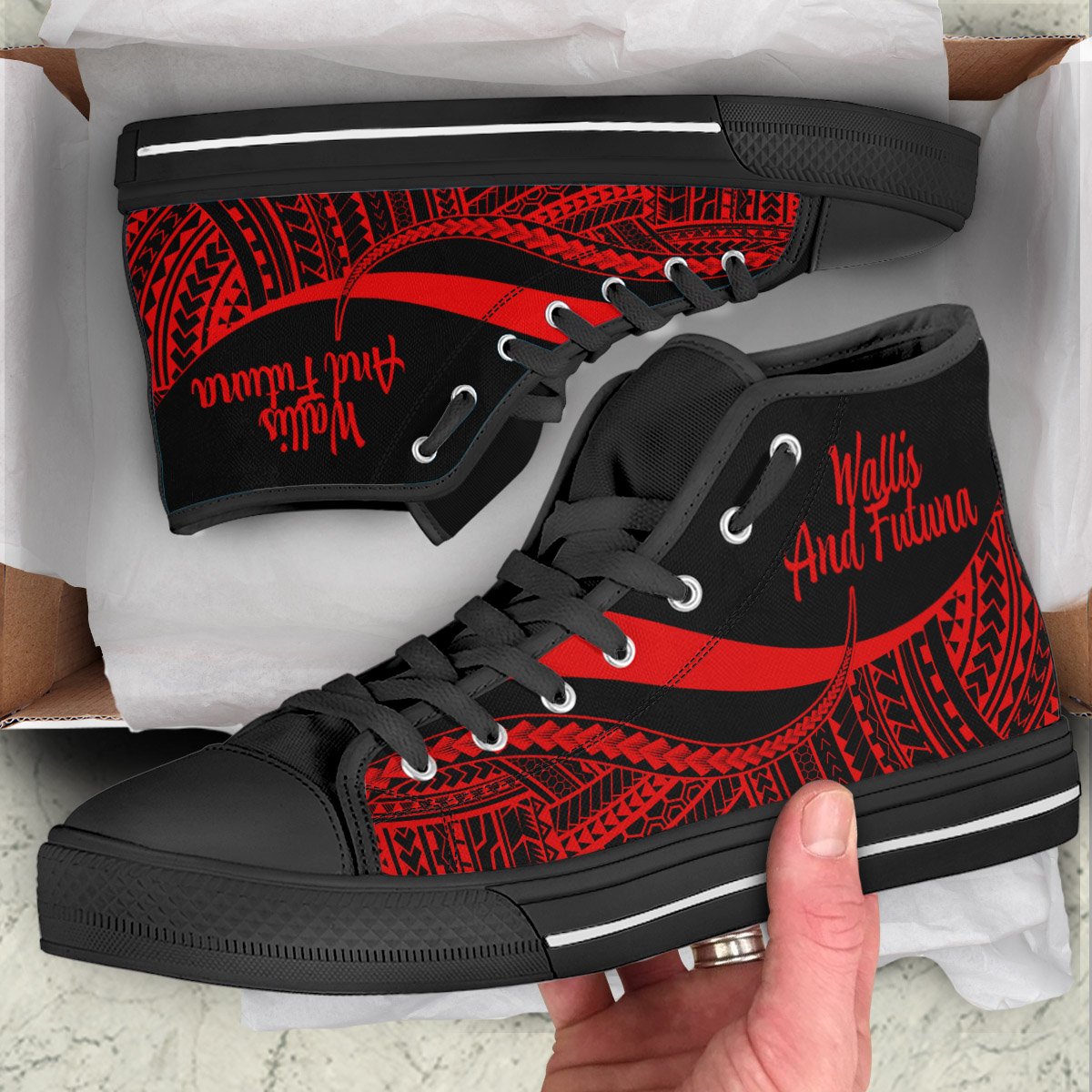 Wallis And Futuna High Top Shoes Red - Polynesian Tentacle Tribal Pattern Unisex Black - Polynesian Pride