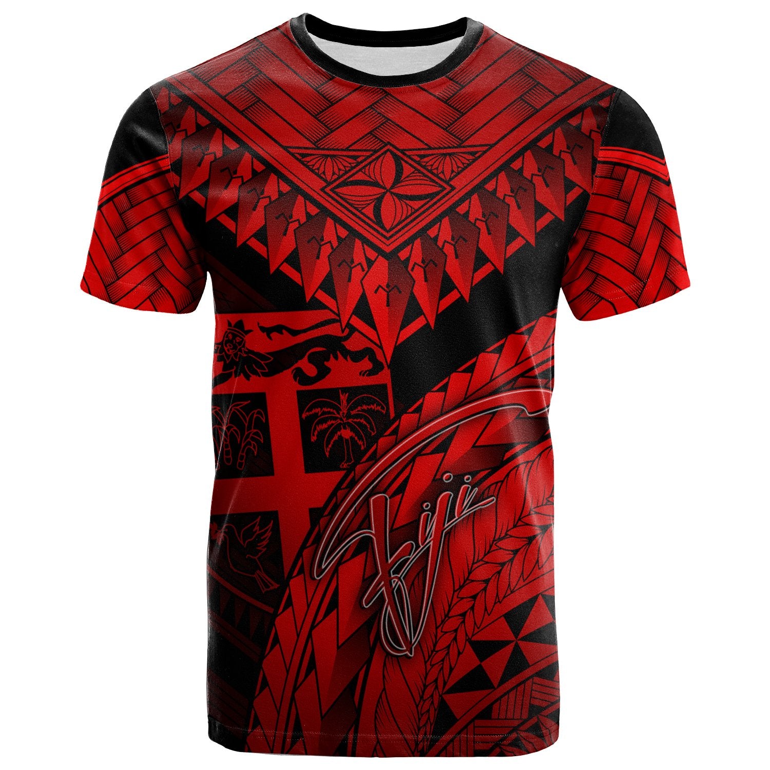 Fiji T Shirt Red Polynesian Necklace and Lauhala Unisex Red - Polynesian Pride