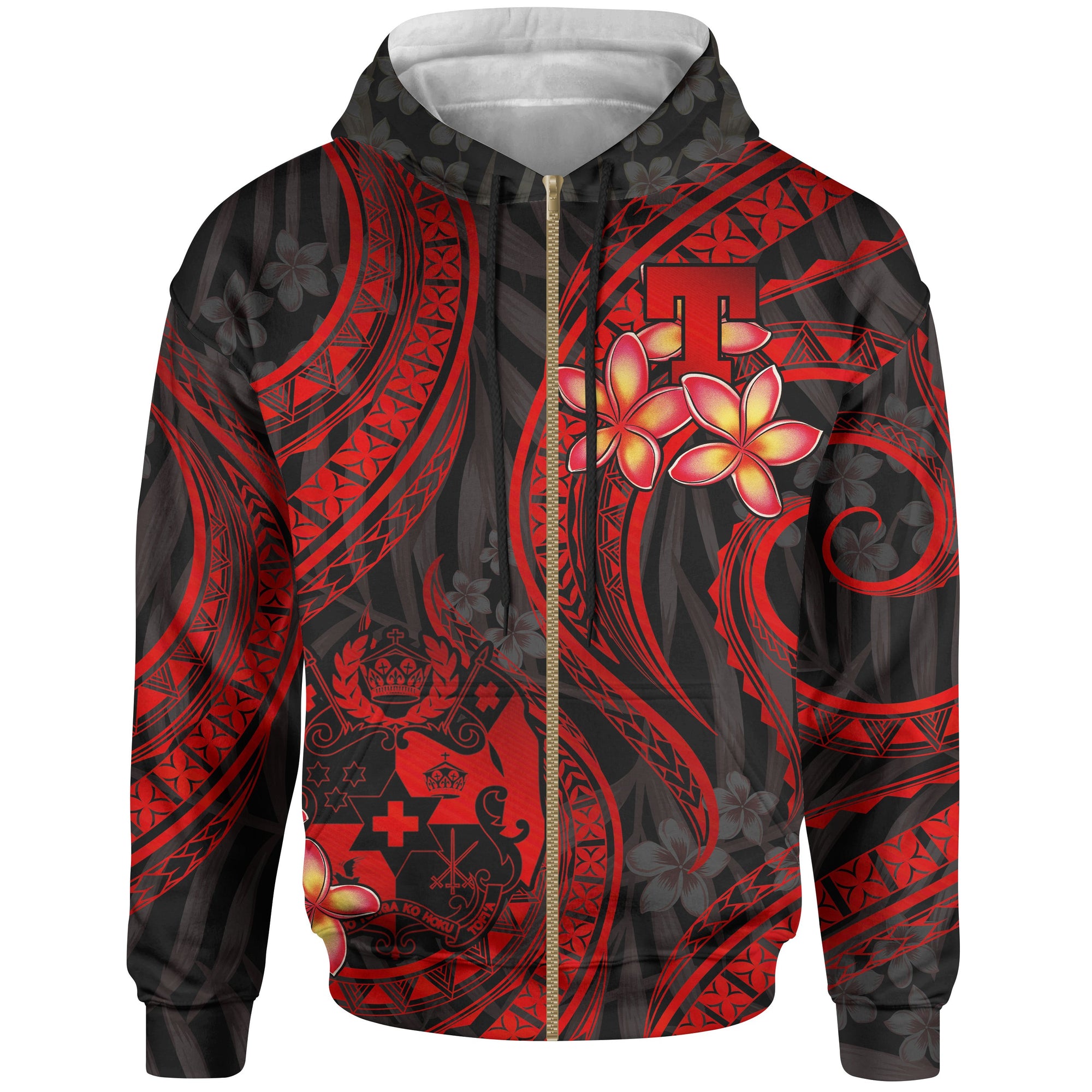 Tonga Polynesian Zip up Hoodie Red Plumeria Unisex RED - Polynesian Pride