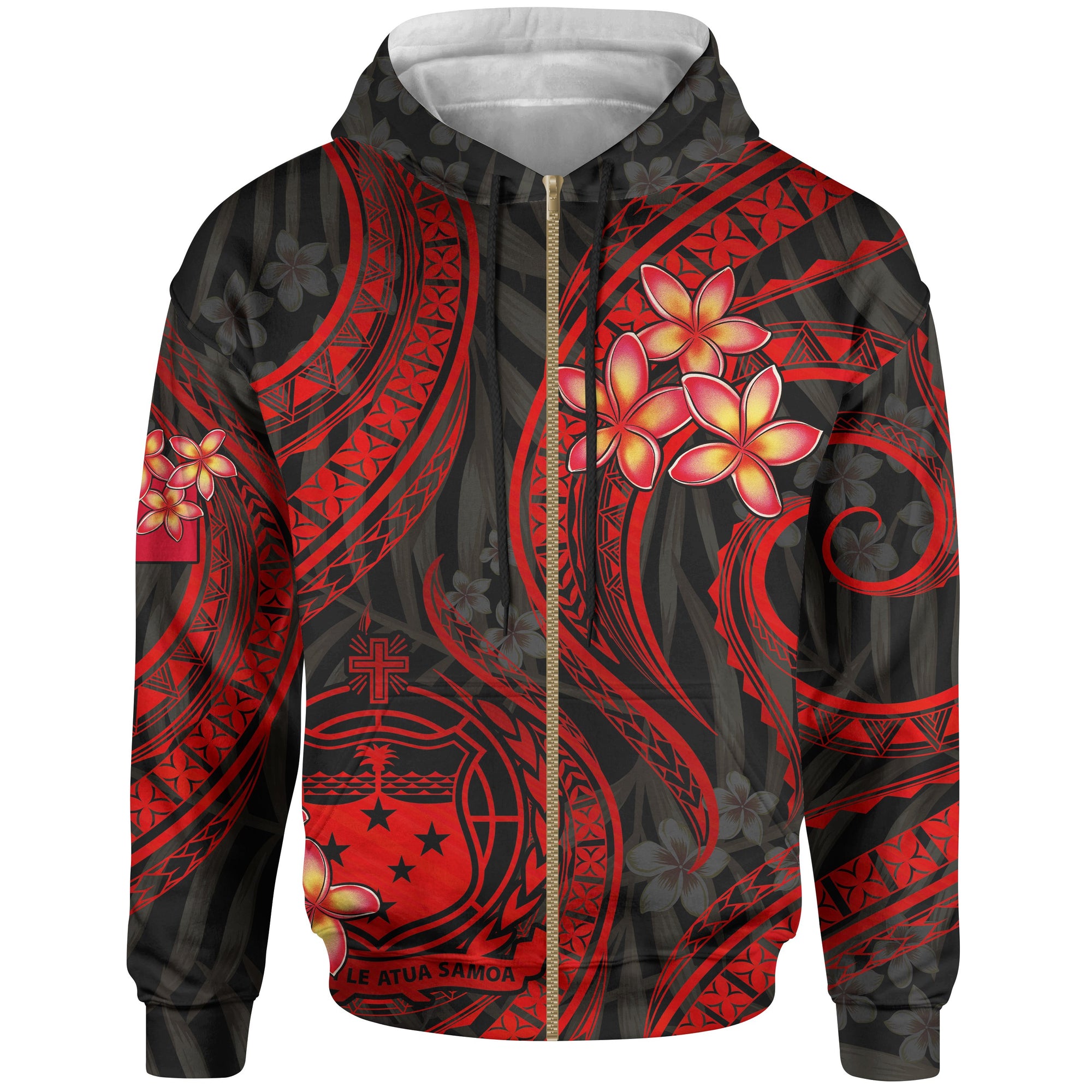 Samoa Polynesian Zip up Hoodie Red Plumeria Unisex RED - Polynesian Pride