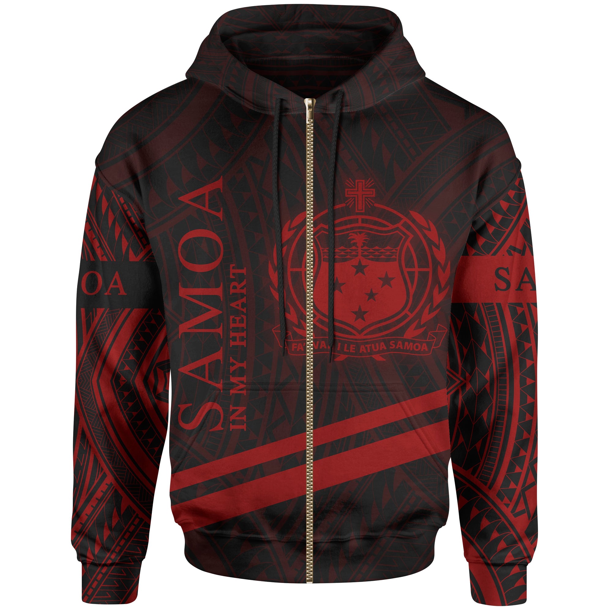 Samoa Zip Hoodie In My Heart Style Polynesian Patterns Red Color Unisex Black - Polynesian Pride