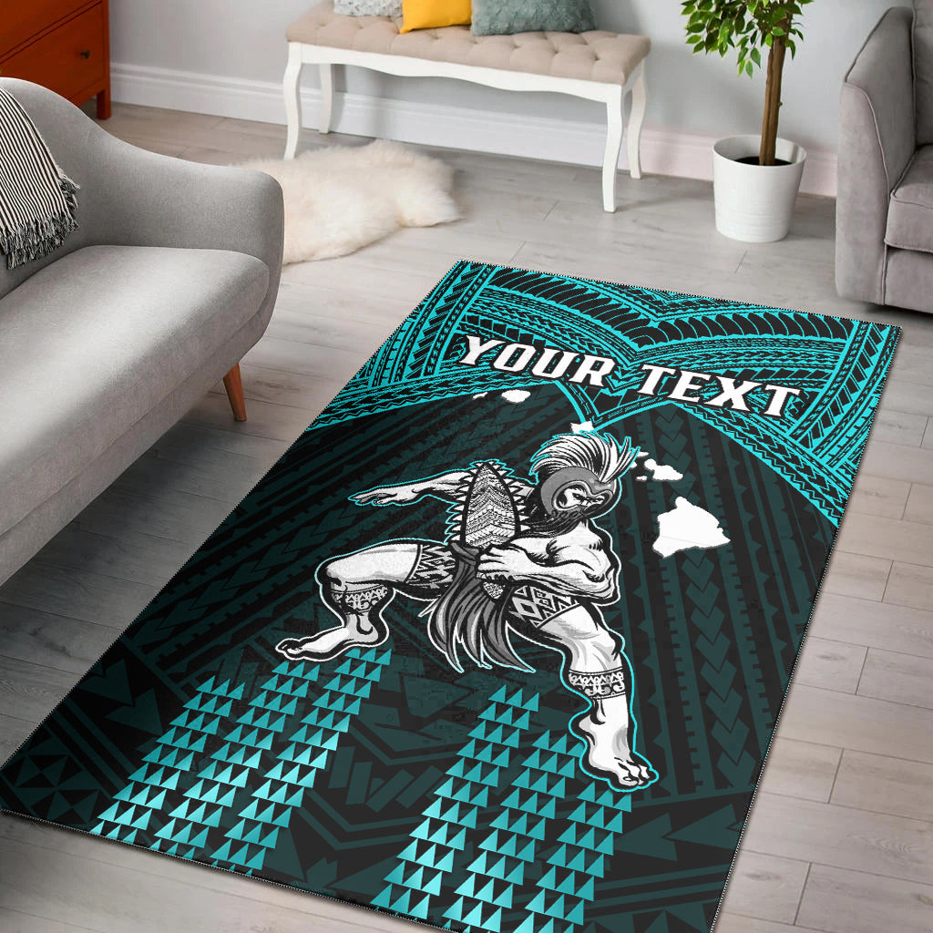 (Custom Personalised) Hawaii Area Rug Hawaiian Warrior With Weapon Polynesian Ver.02 LT14 Turquoise - Polynesian Pride