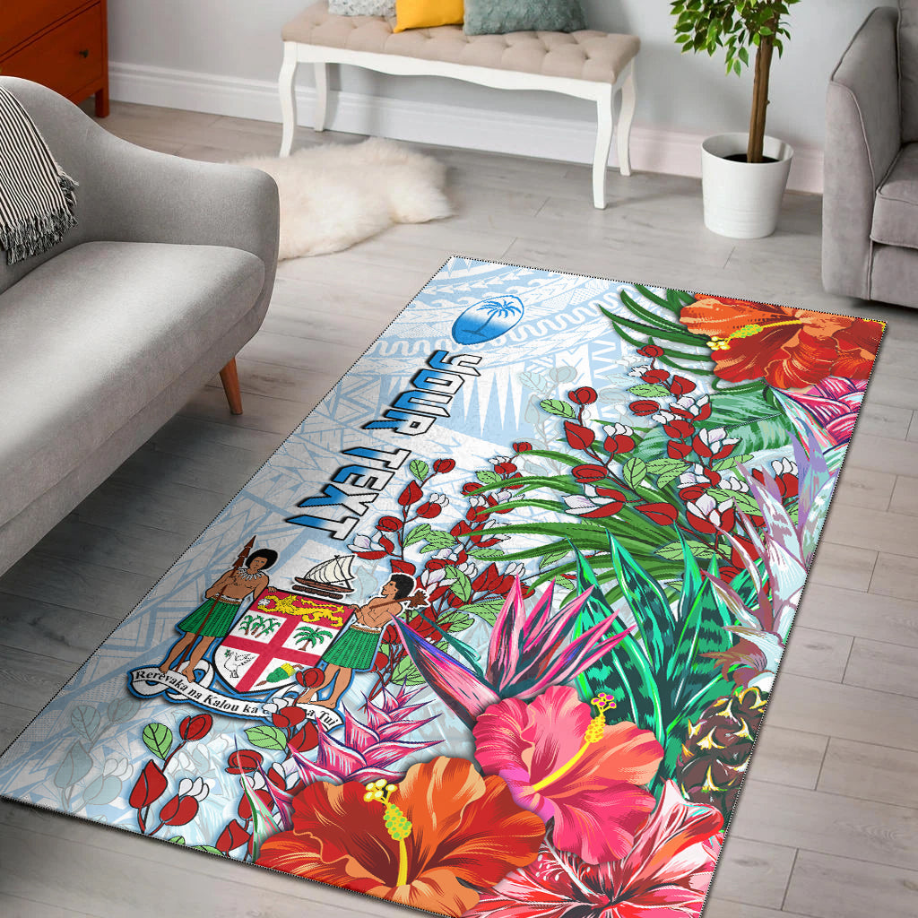 (Custom Personalised) Fiji Area Rug Proud Fijian Tapa mix Tagimoucia Flowers LT13 White - Polynesian Pride