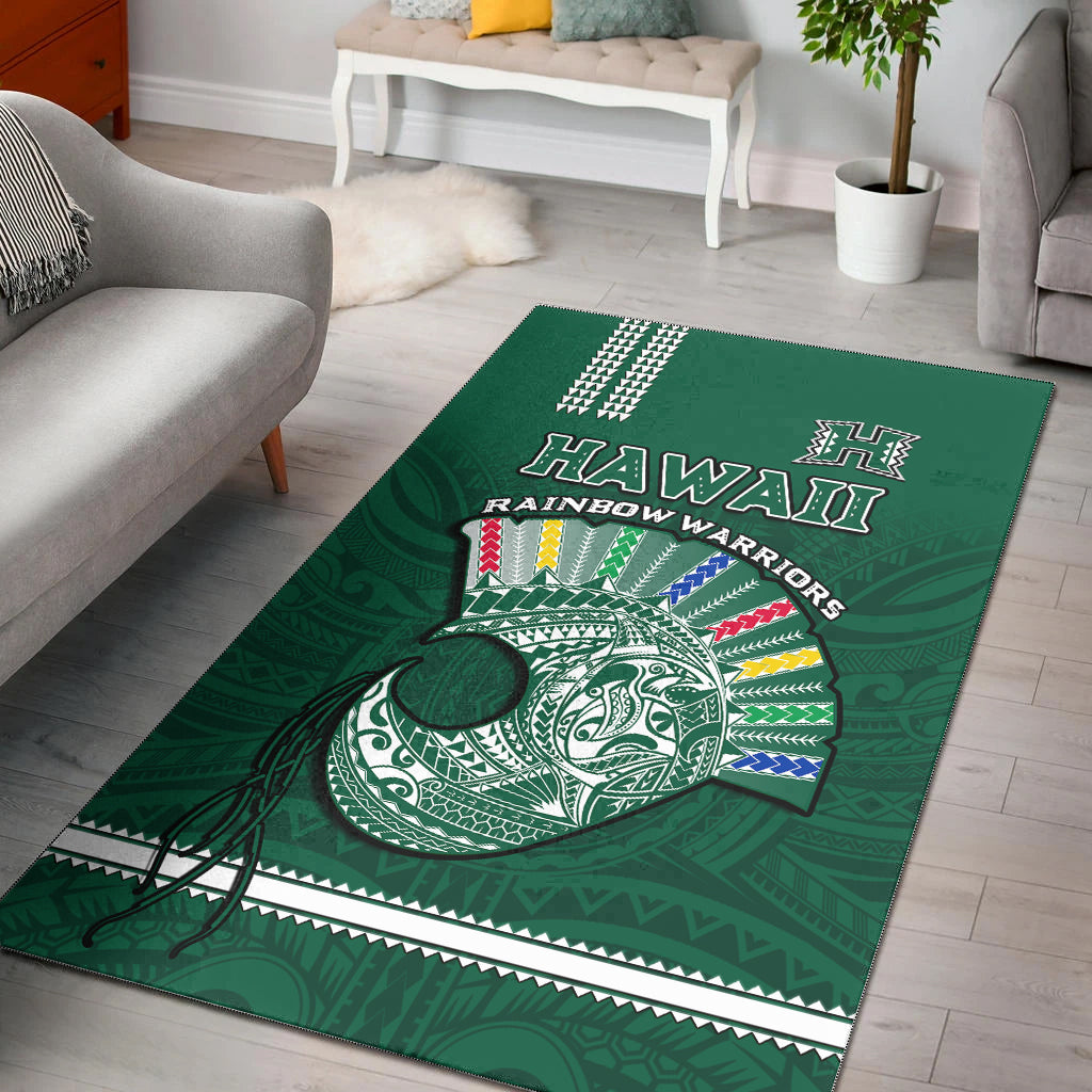 Hawaii Football Area Rug Kakau Rainbow Warriors Helmet Go Bows Ver.01 LT14 Green - Polynesian Pride