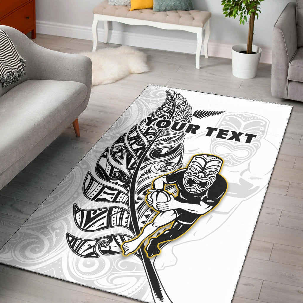 (Custom Personalised) New Zealand Silver Fern Rugby Area Rug All Black Maori Version White LT14 White - Polynesian Pride