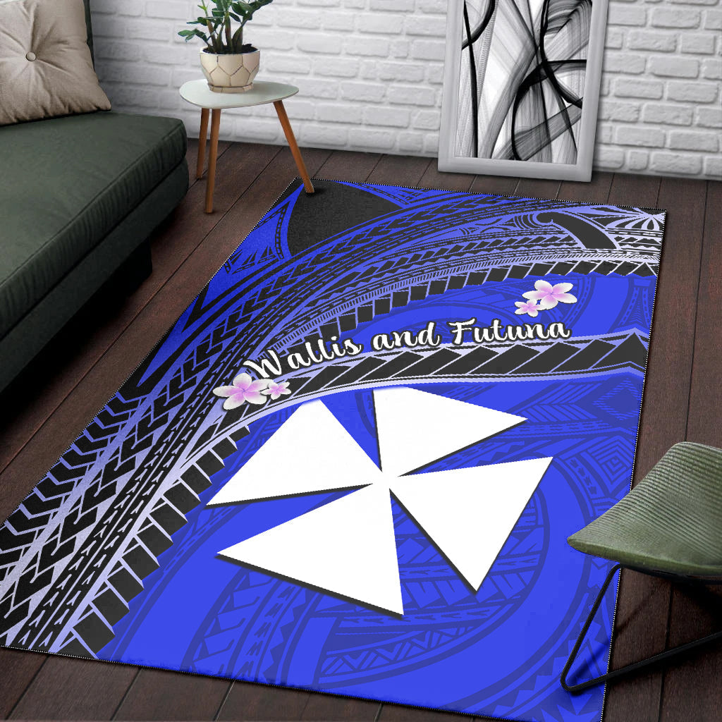 Wallis And Futuna Area Rug Plumeria Flowers With Blue Polynesian Pattern LT14 Blue - Polynesian Pride