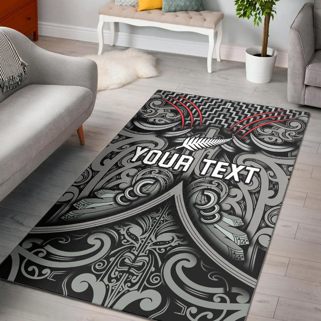 (Custom Personalised) New Zealand Silver Fern Rugby Area Rug All Black NZ Maori Pattern LT13 Black - Polynesian Pride