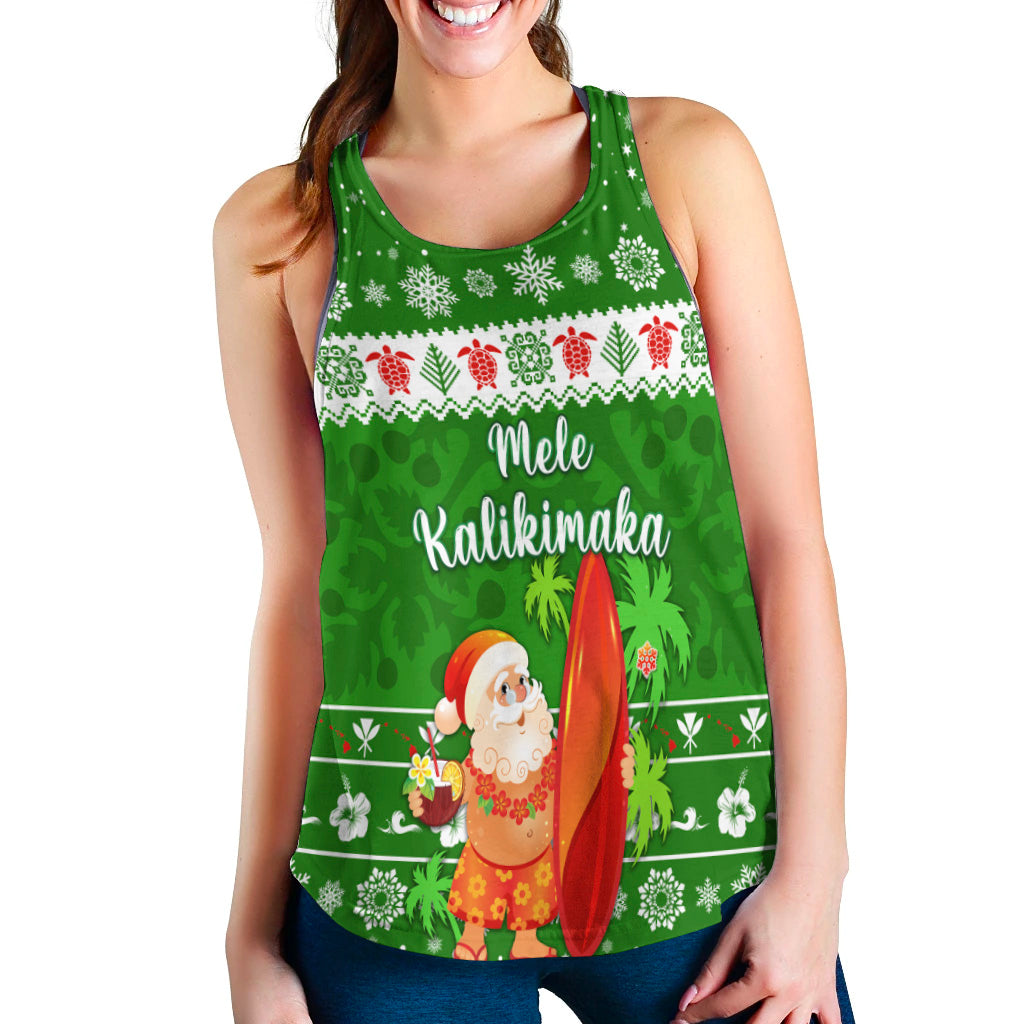 Hawaii Christmas Women Racerback Tank Santa Claus Surfing Simple Style - Green LT8 - Polynesian Pride