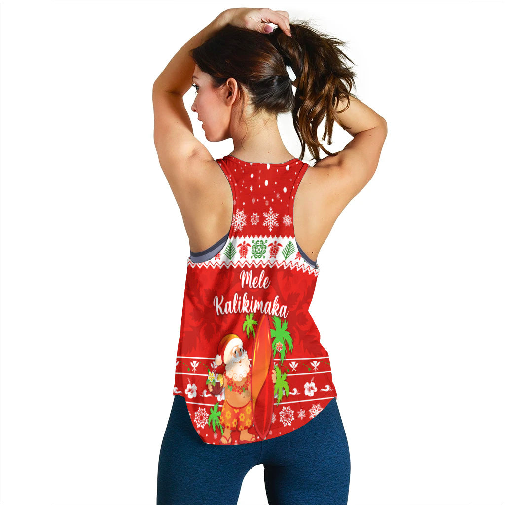 Hawaii Christmas Women Racerback Tank Santa Claus Surfing Simple Style - Red LT8 - Polynesian Pride