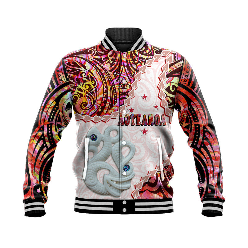 (Custom Personalised) New Zealand Maori Baseball Jacket Aotearoa Manaia Red Paua Shell LT9 Unisex Red - Polynesian Pride