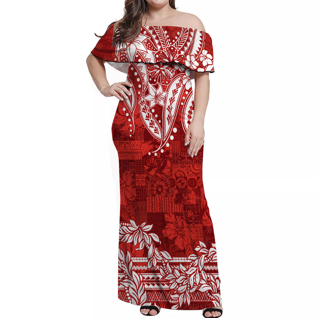 Polynesian Off Shoulder Long Dress Tapa Plumeria Style - Red LT7 Women Red - Polynesian Pride