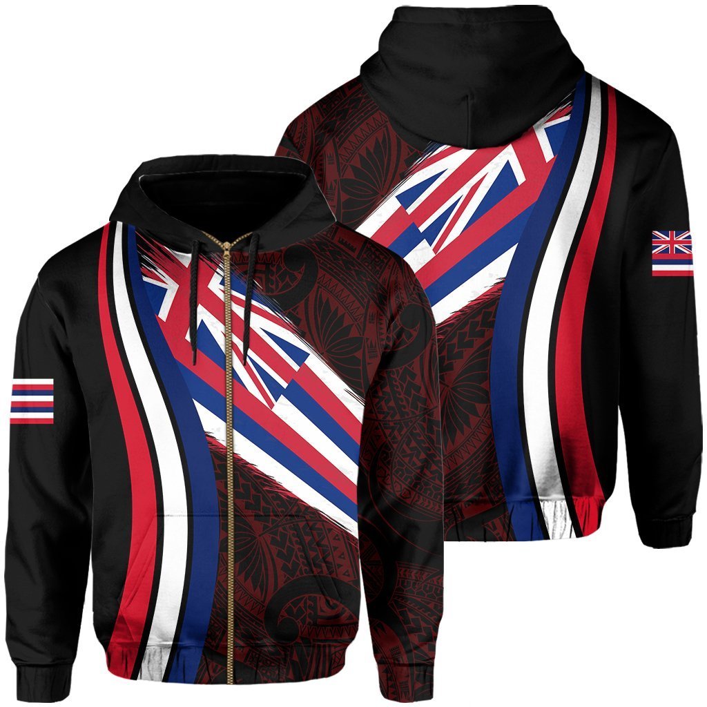 Hawaii Flag Polynesian Hoodie Zip Red Ten Style Unisex Red - Polynesian Pride