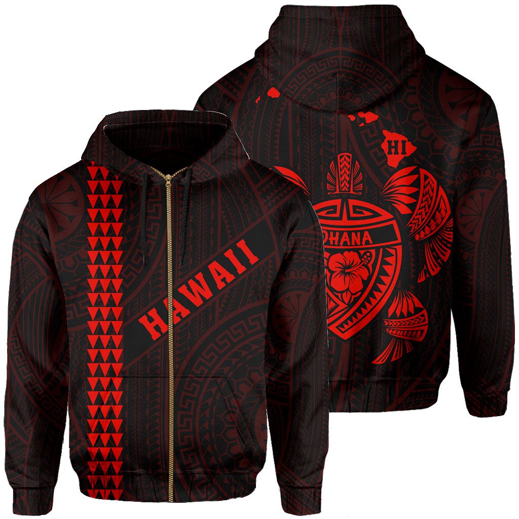 Polynesian Kakau Turtle Ohana Map of Hawaii Zip Hoodie Red Unisex Red - Polynesian Pride
