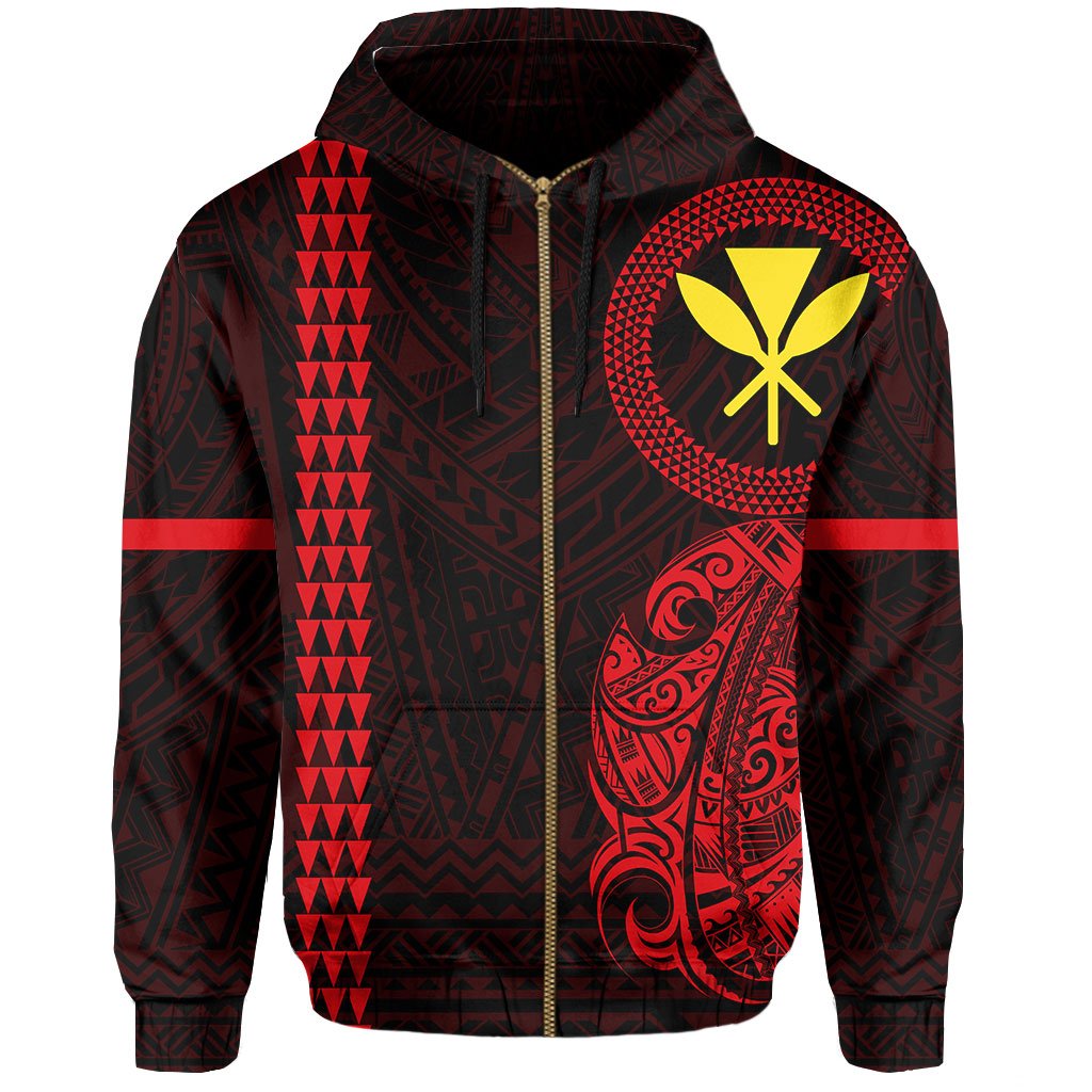 Polynesian Kakau Kanaka Flag of Hawaii Zip Hoodie Red - Polynesian Pride