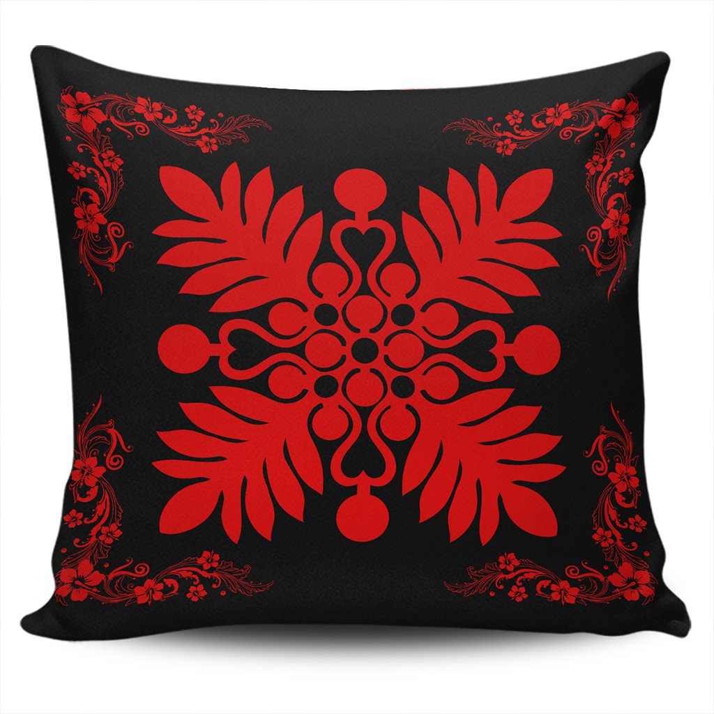 Hawaiian Quilt Maui Plant And Hibiscus Pattern Pillow Covers - Red Black - AH One Size Red - Polynesian Pride