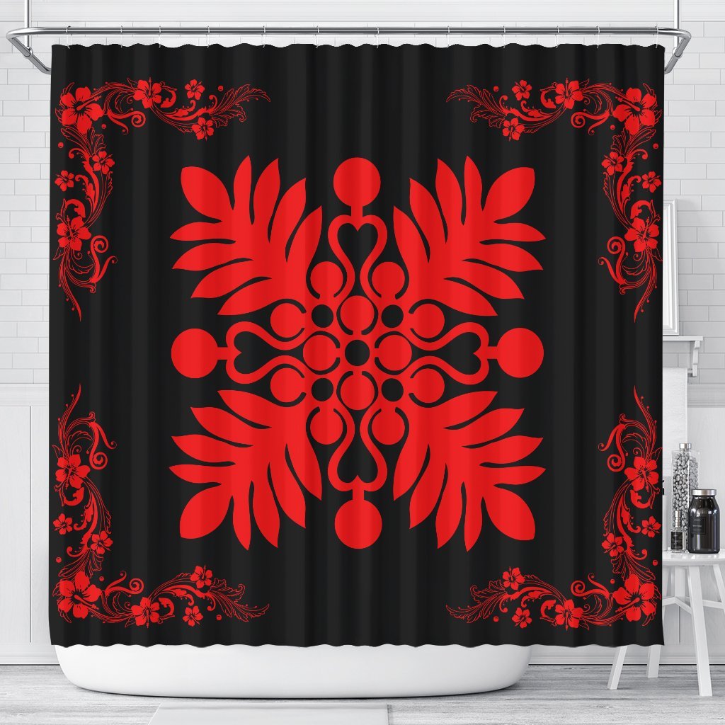 Hawaiian Quilt Maui Plant And Hibiscus Shower Curtain - Red Black - AH 177 x 172 (cm) Red - Polynesian Pride