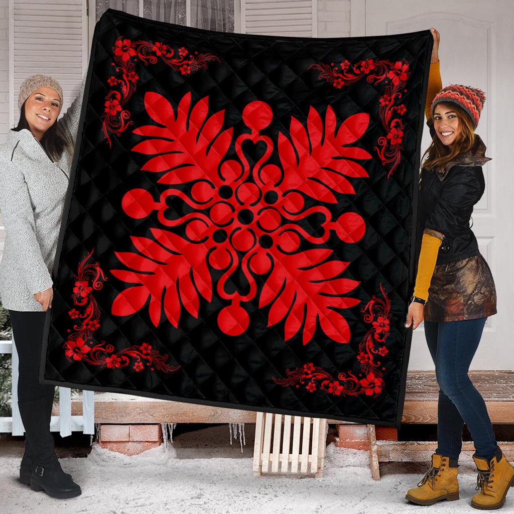 Hawaiian Quilt Maui Plant And Hibiscus Premium Quilt - Red Black - AH - Polynesian Pride