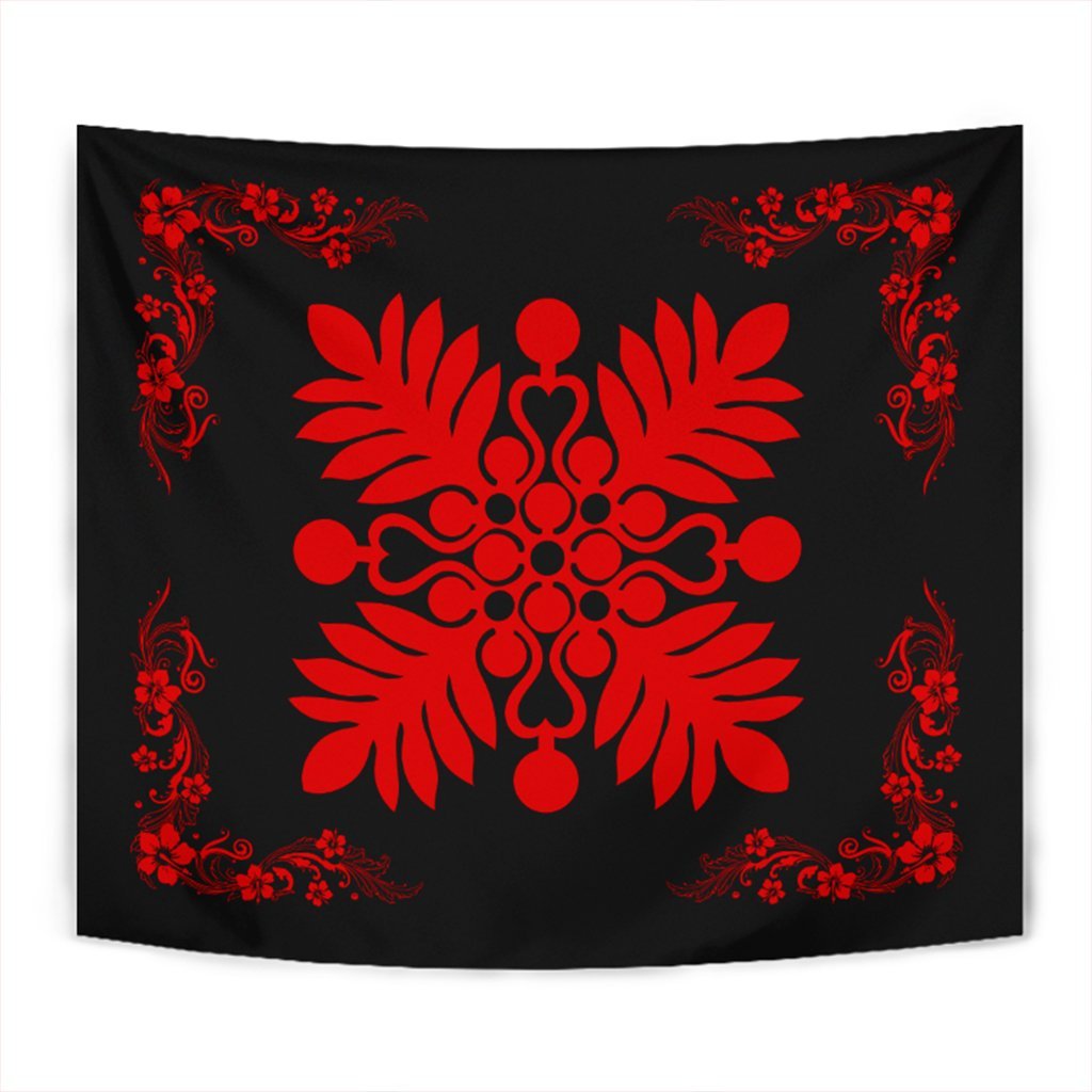 Hawaiian Quilt Maui Plant And Hibiscus Tappestry - Red Black - AH Wall Tapestry Red - Polynesian Pride