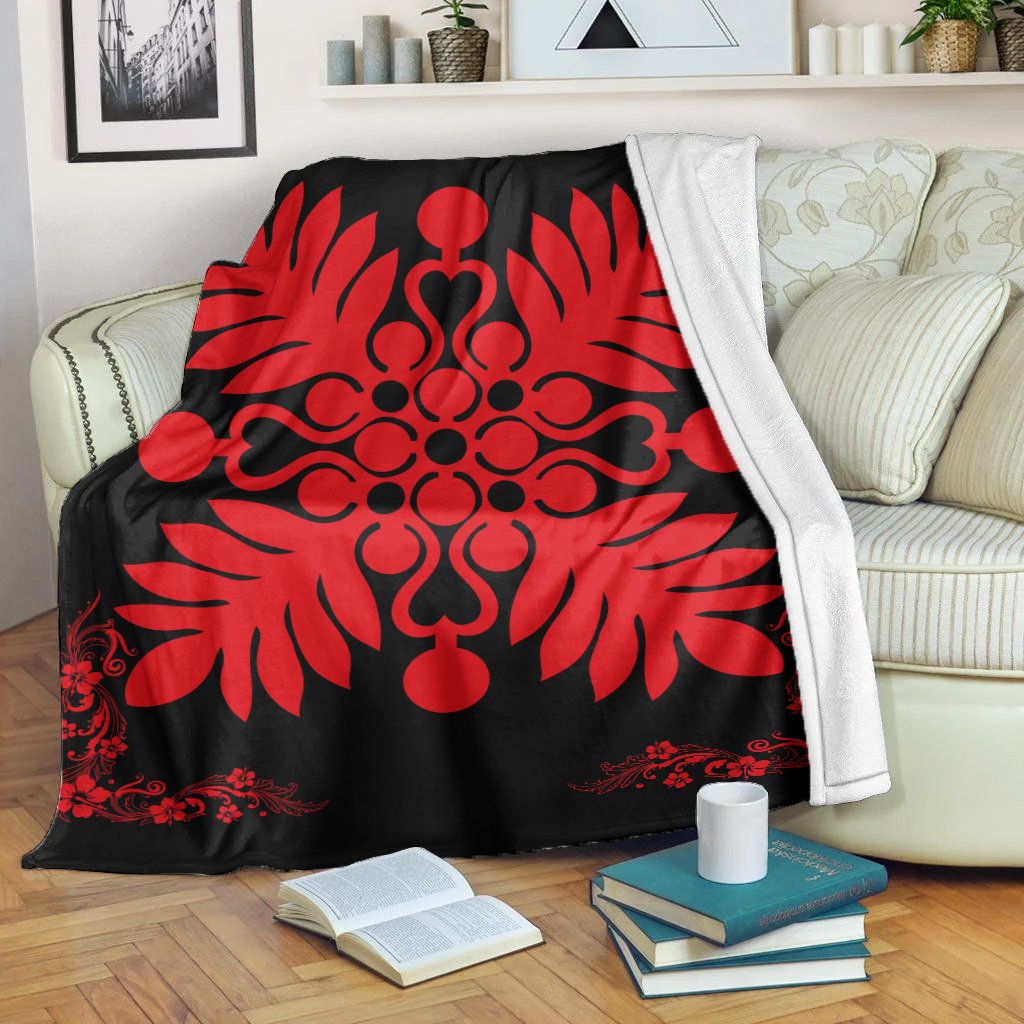 Hawaiian Quilt Maui Plant And Hibiscus Premium Blanket - Red Black - AH White - Polynesian Pride