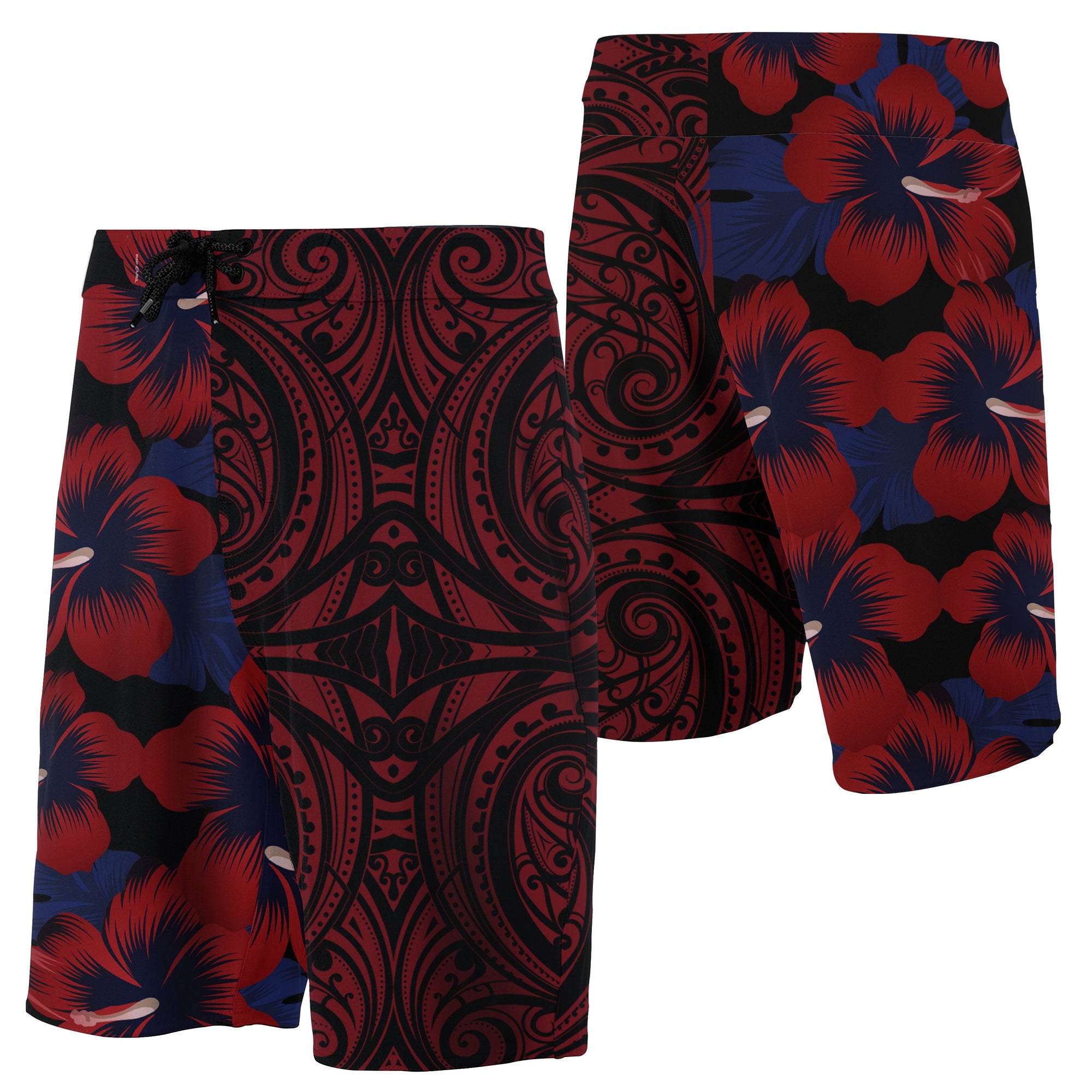 Hawaii Hibiscus Flowers Polynesian Board Shorts - Red - Haka Style Men Red - Polynesian Pride