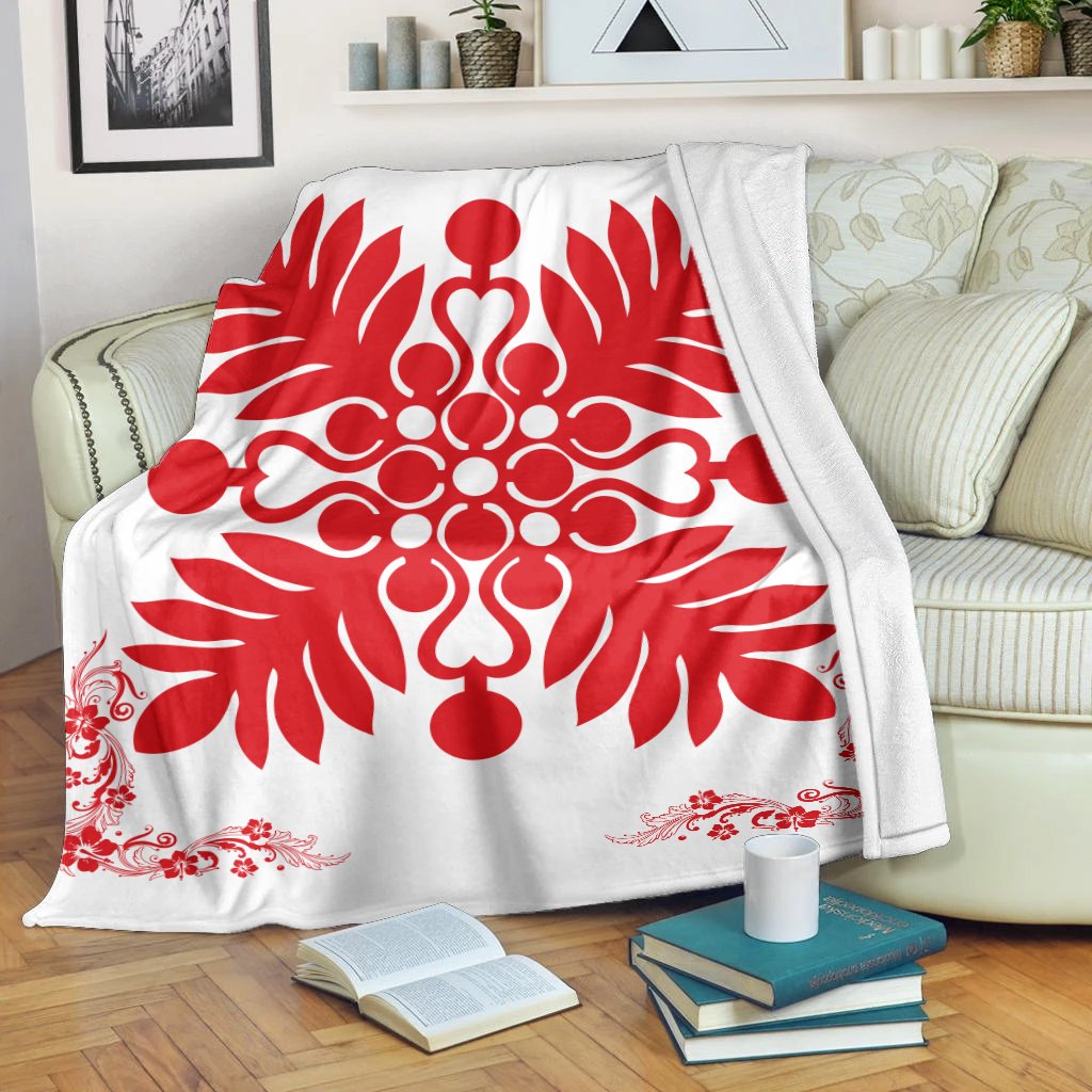 Hawaiian Quilt Maui Plant And Hibiscus Premium Blanket - Red White - AH White - Polynesian Pride